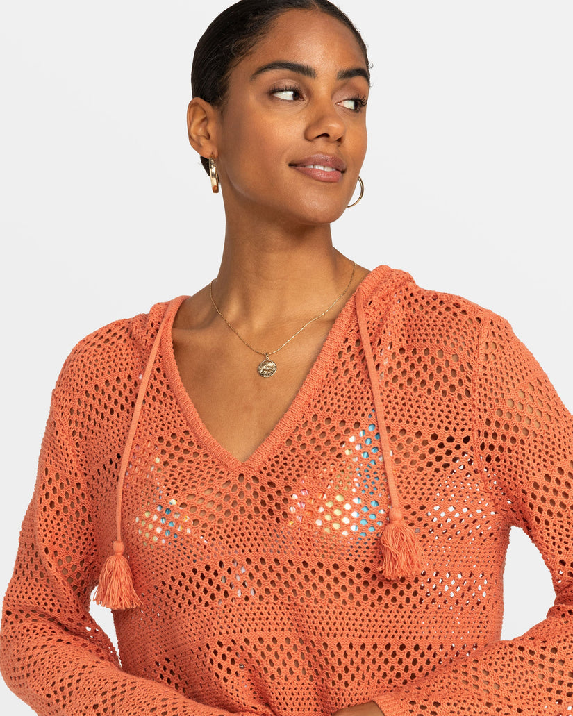 After Beach Break Hooded Poncho Sweater - Apricot Brandy