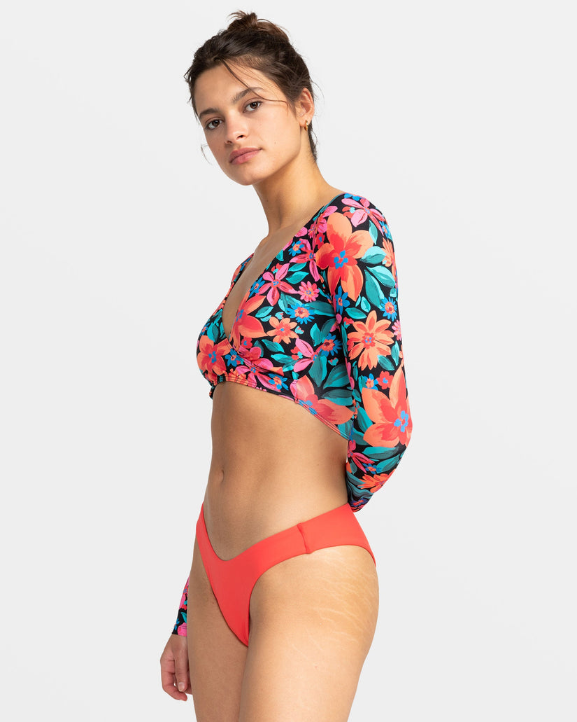 Floral Fiesta Long Sleeve Rashguard Crop Top - Anthracite Floral Fiesta