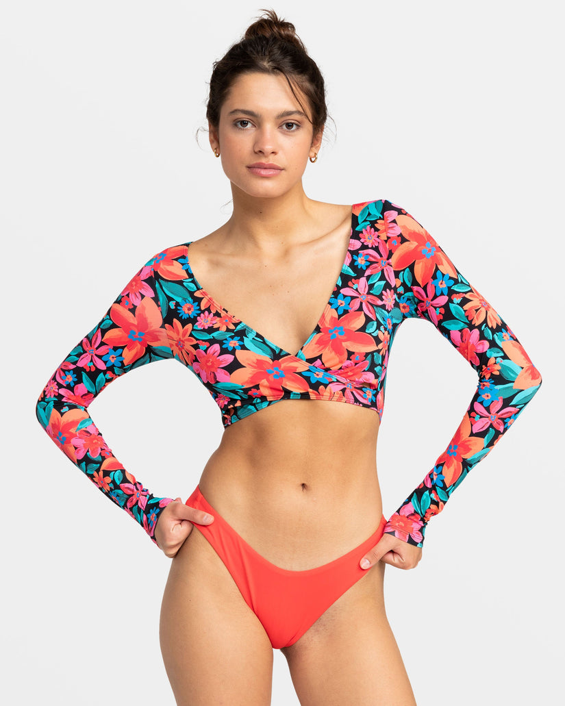 Floral Fiesta Long Sleeve Rashguard Crop Top - Anthracite Floral Fiesta