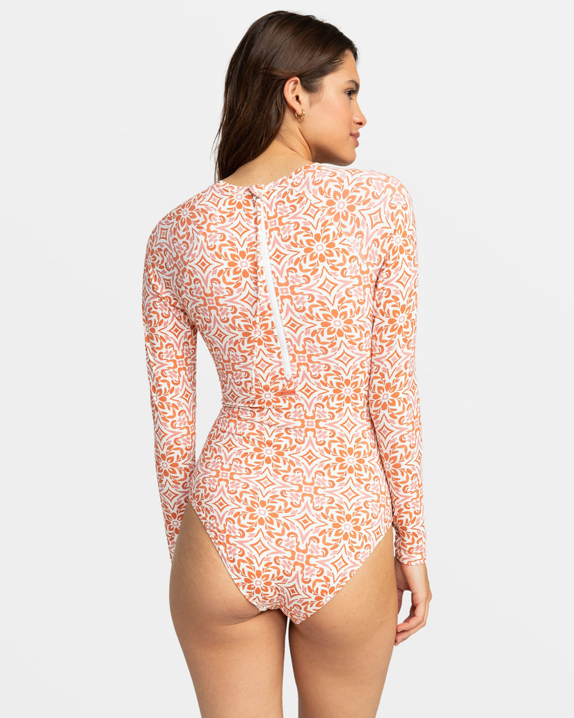 Fresco Tile Long Sleeve Swimsuit - Cloud Dancer Fresco Tile