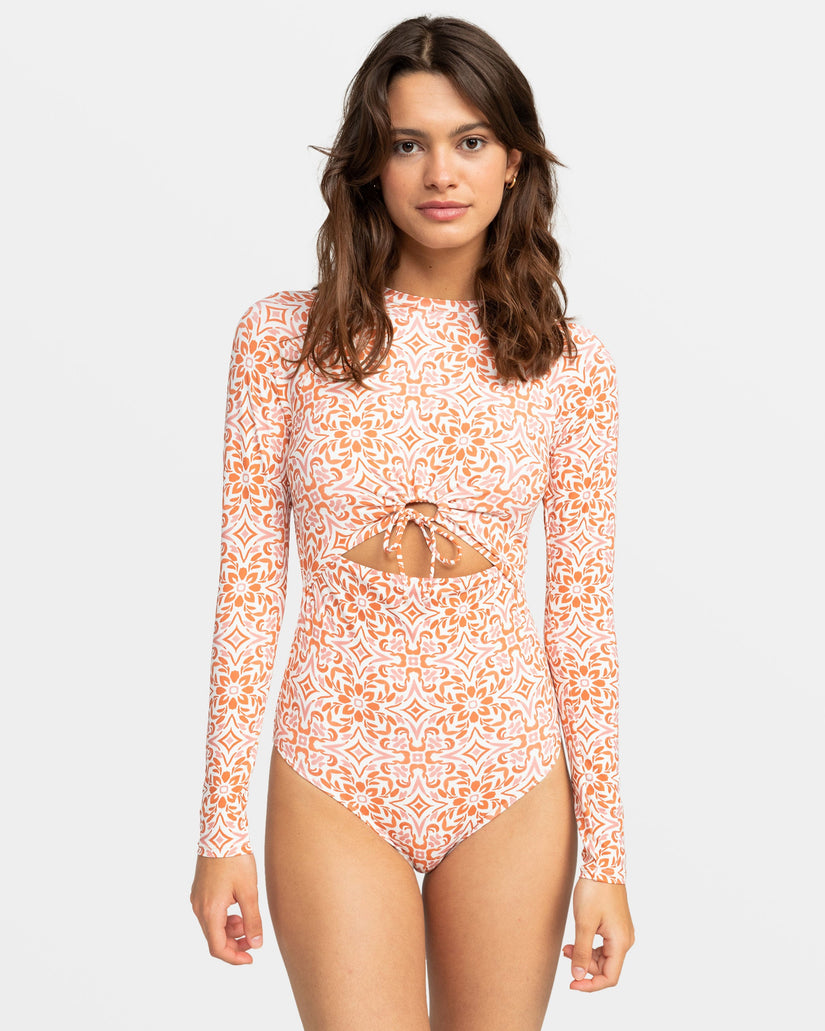 Fresco Tile Long Sleeve Swimsuit - Cloud Dancer Fresco Tile