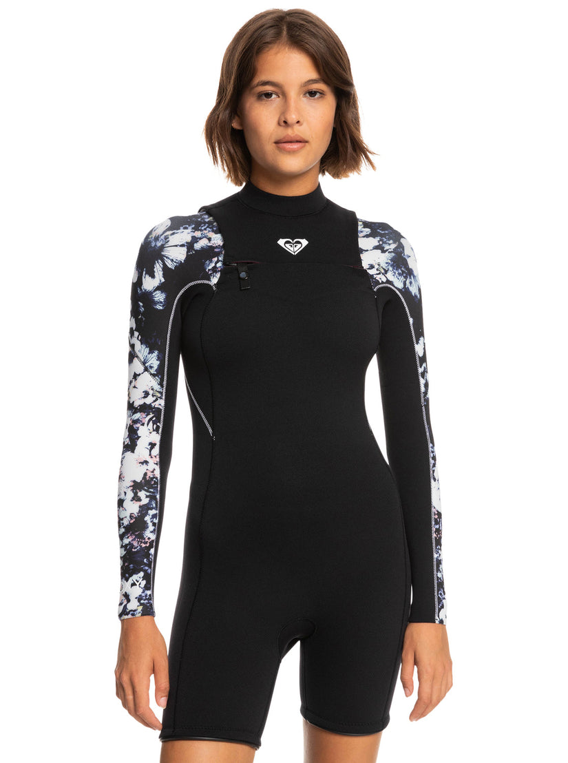 2.5mm Elite Long Sleeve Chest Zip Springsuit - True Black Black Flowers