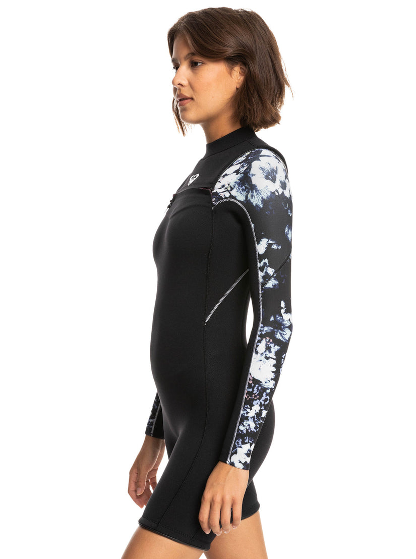 2.5mm Elite Long Sleeve Chest Zip Springsuit - True Black Black Flowers